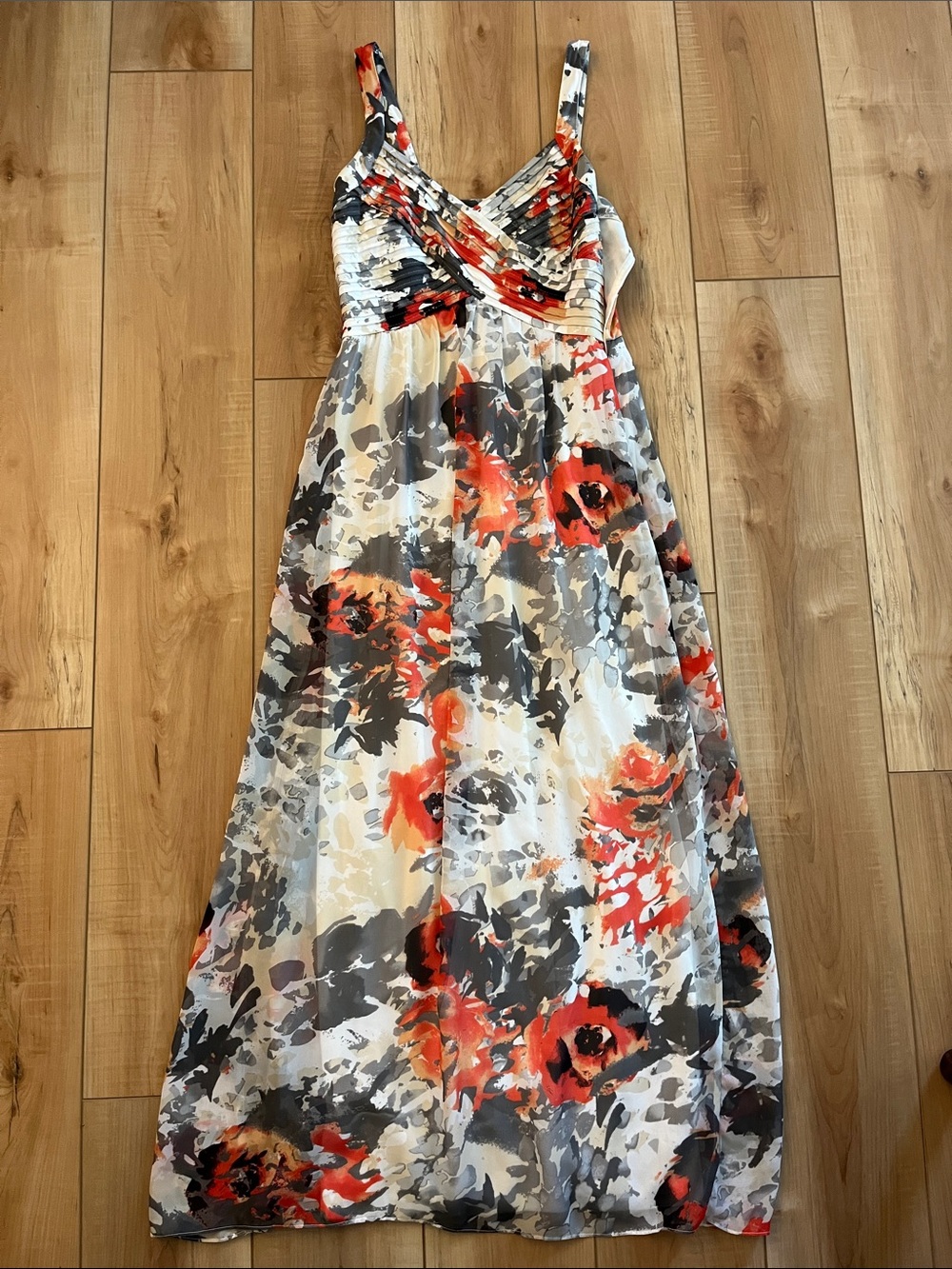 Floral V-Neck Maxi Dress in Red, Gray & Cream